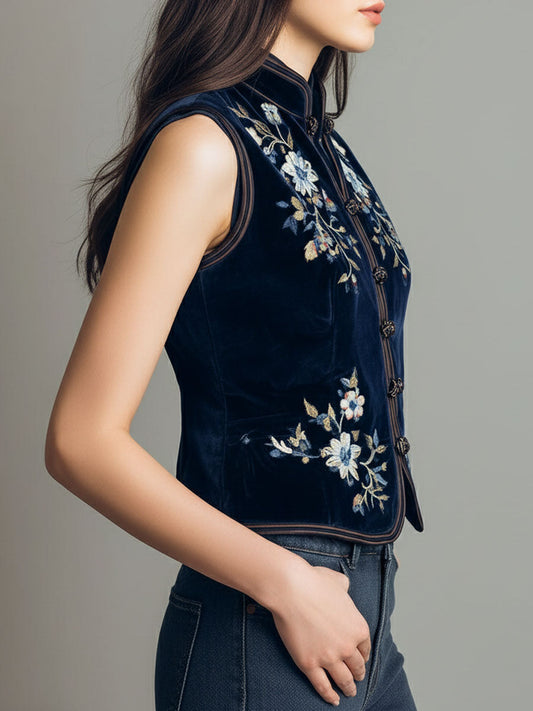Gilet boho in velluto blu navy ricamato – dettaglio 2