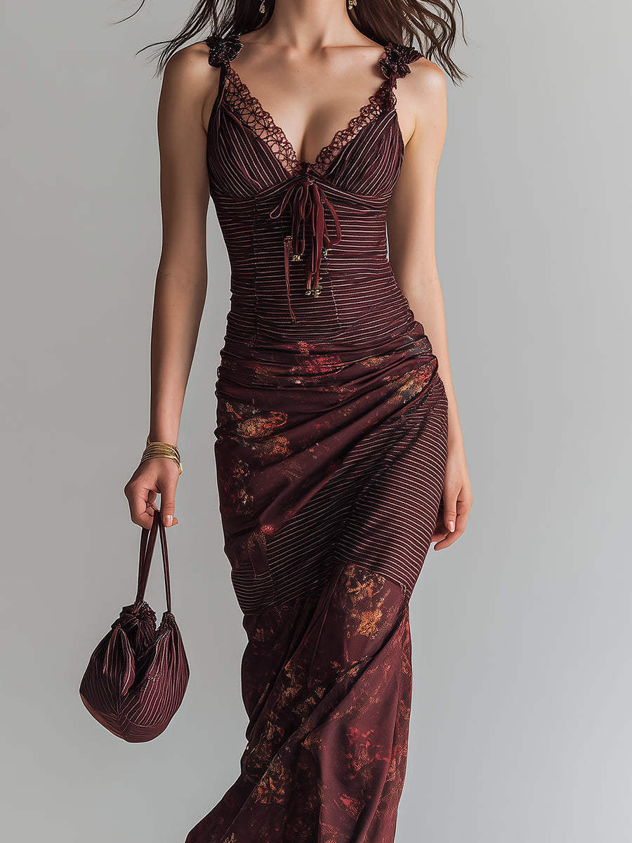 Vestito lungo bordeaux righe e fiori – look completo