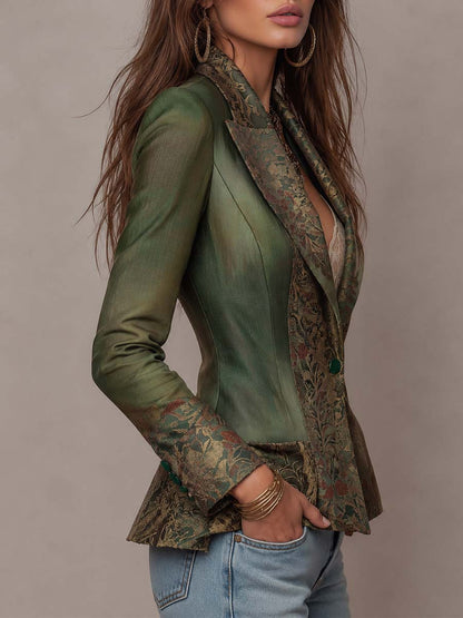 Blazer verde oliva con arazzo floreale – dettaglio 3
