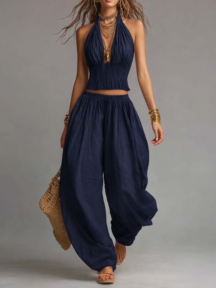 Coordinato boho top halter e pantaloni harem – vista posteriore