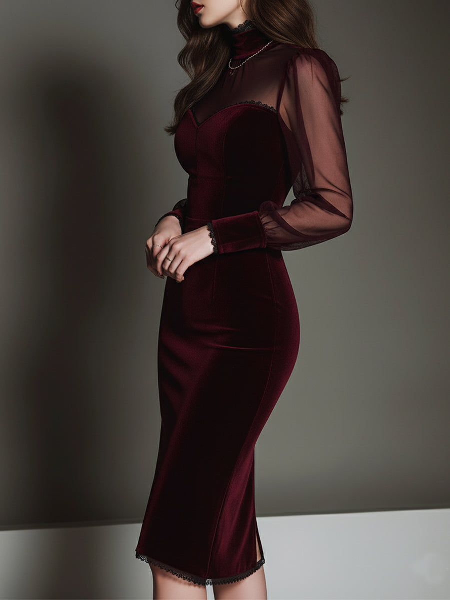 Vestito midi bordeaux in rete e velluto – dettaglio 2