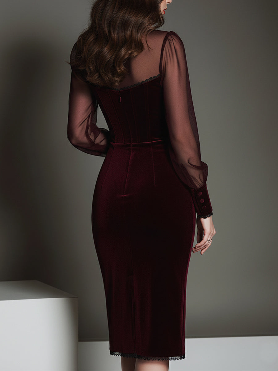 Vestito midi bordeaux in rete e velluto – dettaglio 3