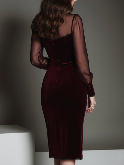 Vestito midi bordeaux in rete e velluto – dettaglio 3