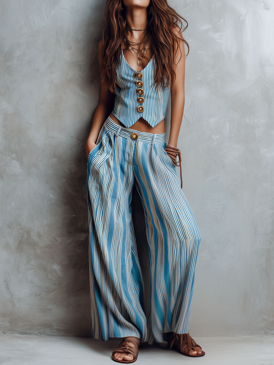 Coordinato gilet e pantaloni a righe blu – vista frontale