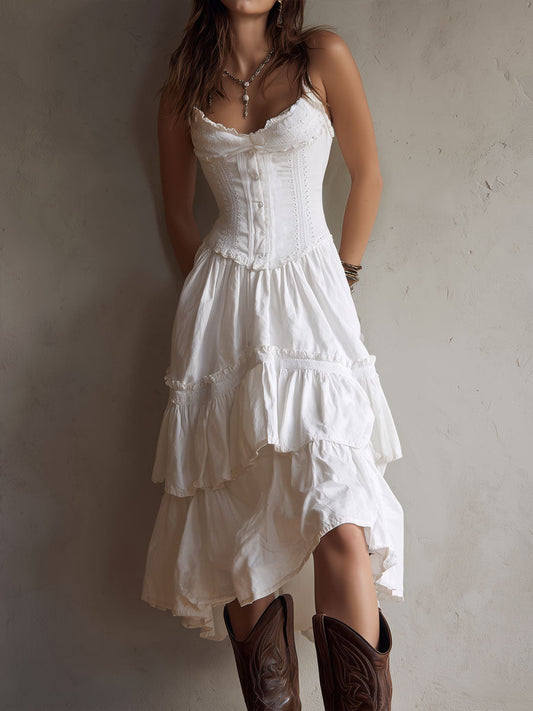 Abito midi boho con corsetto e volant – vista frontale