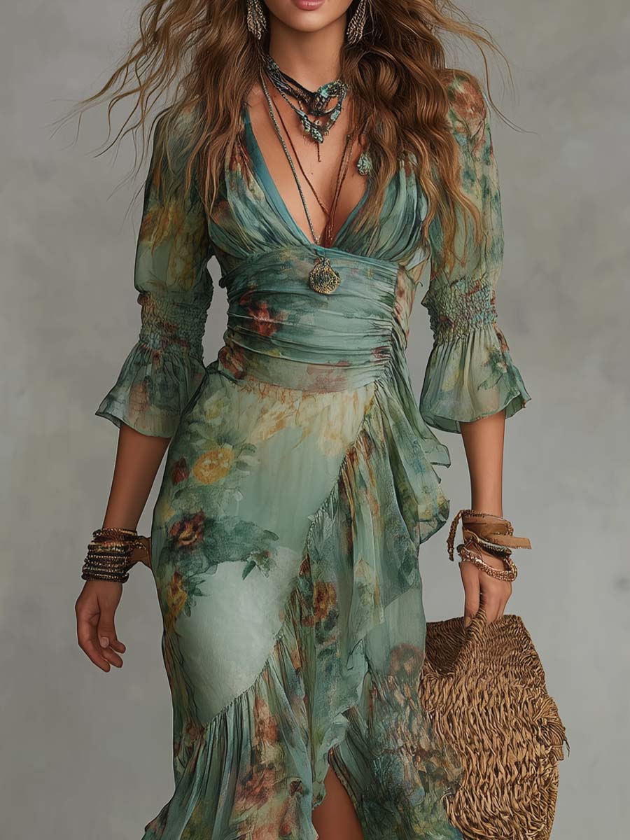 Vestito lungo verde salvia floreale – look completo