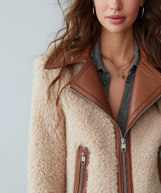 Giacca in shearling beige – vista laterale