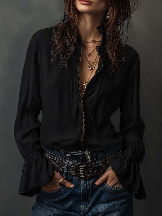Blusa con zip sul davanti e polsini con volant – dettaglio 2