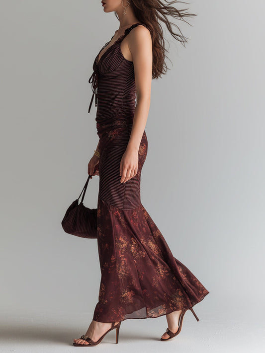 Vestito lungo bordeaux righe e fiori – dettaglio