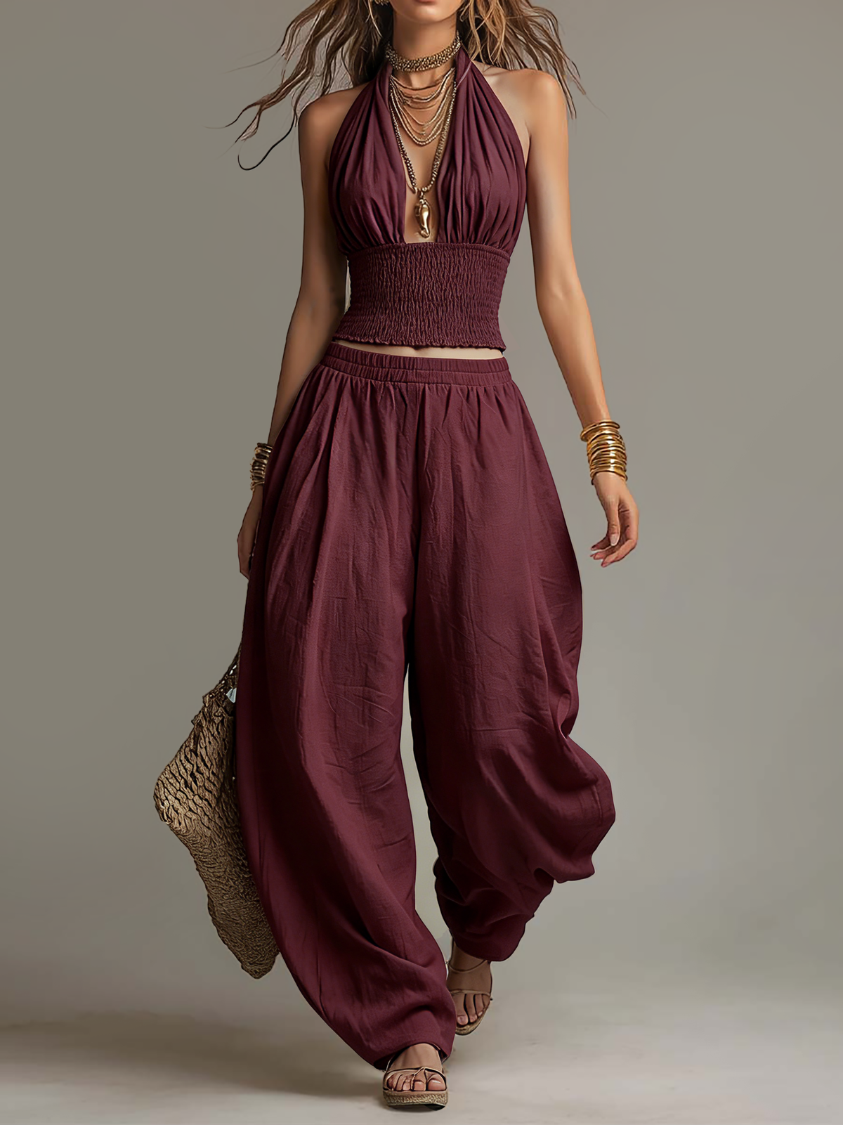Coordinato boho top halter e pantaloni harem – dettaglio