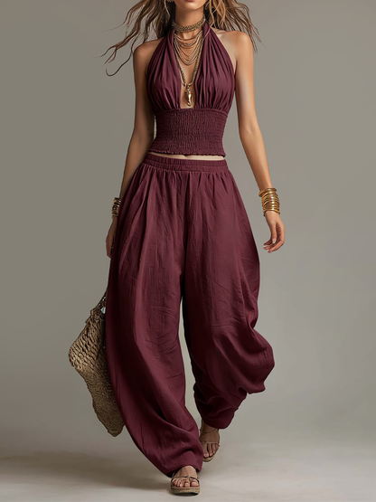 Coordinato boho top halter e pantaloni harem – dettaglio