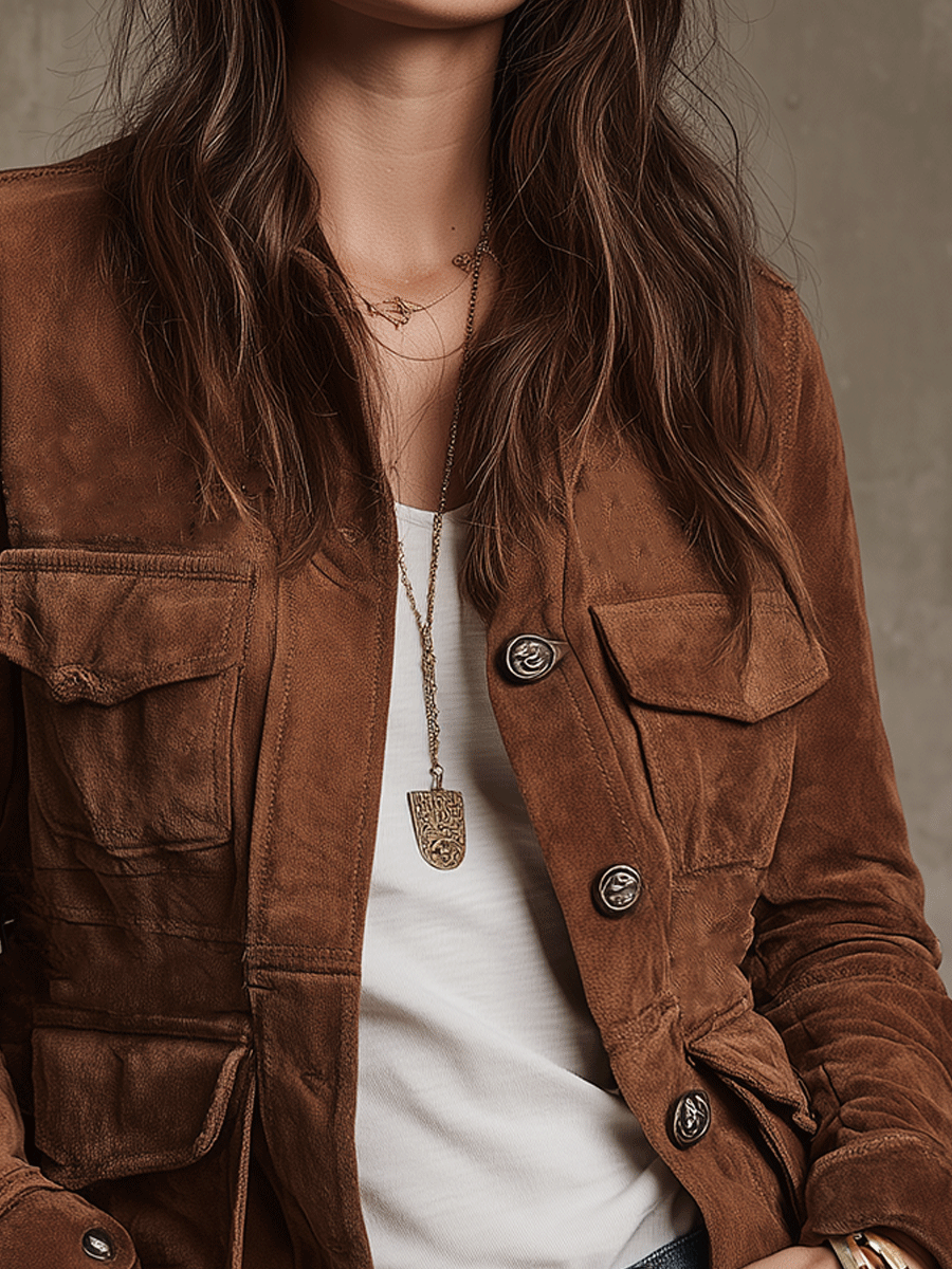 Giacca utility in camoscio marrone – vista laterale