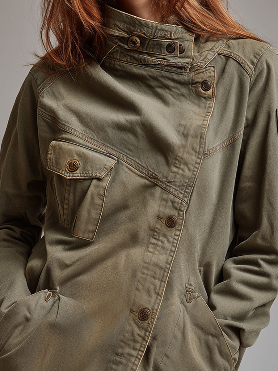 Giacca verde militare collo coreano – look completo