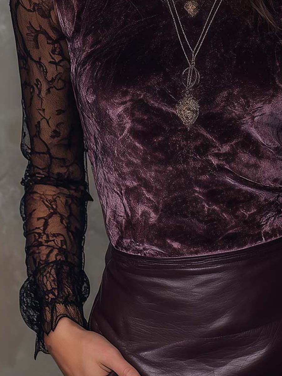 Top in velluto prugna con maniche in pizzo – dettaglio 5