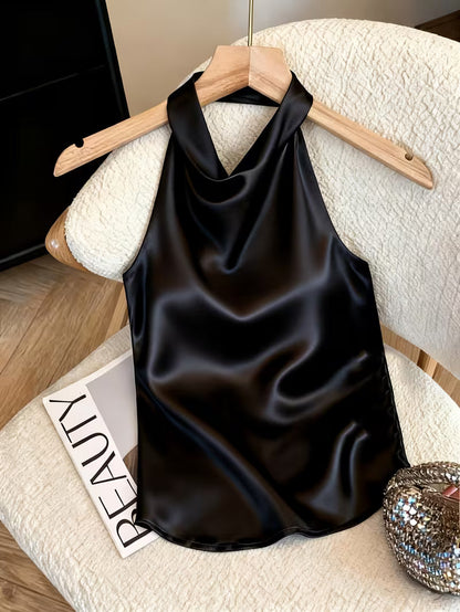 Top halter satinato nero – vista frontale