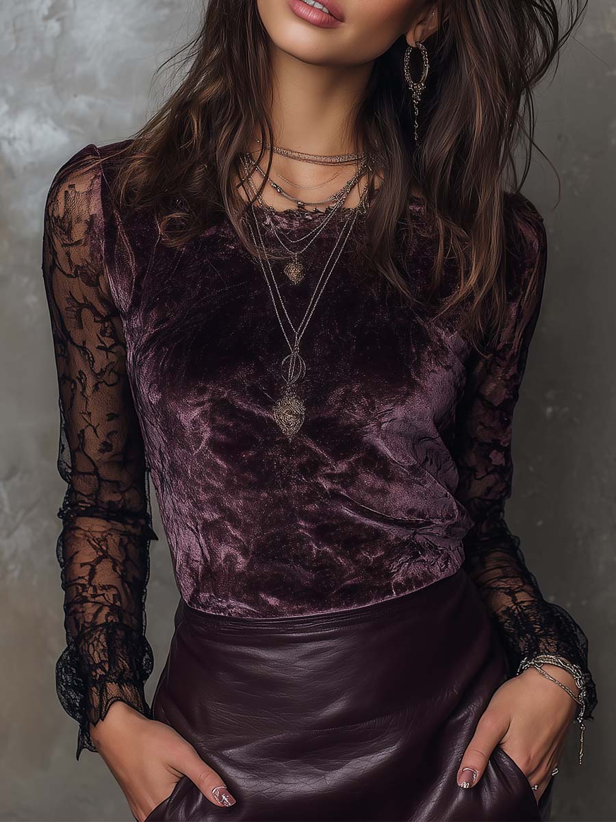 Top in velluto prugna con maniche in pizzo – vista frontale