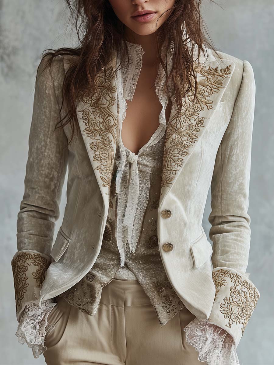 Blazer in velluto avorio ricamato – vista frontale