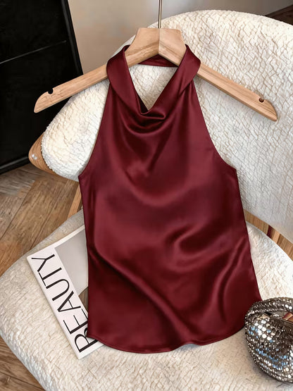 Top halter satinato bordeaux – vista frontale