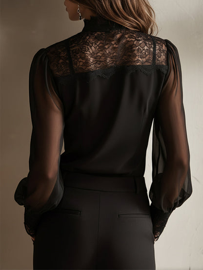 Blusa in chiffon con collo alla coreana e pizzo – dettaglio 7