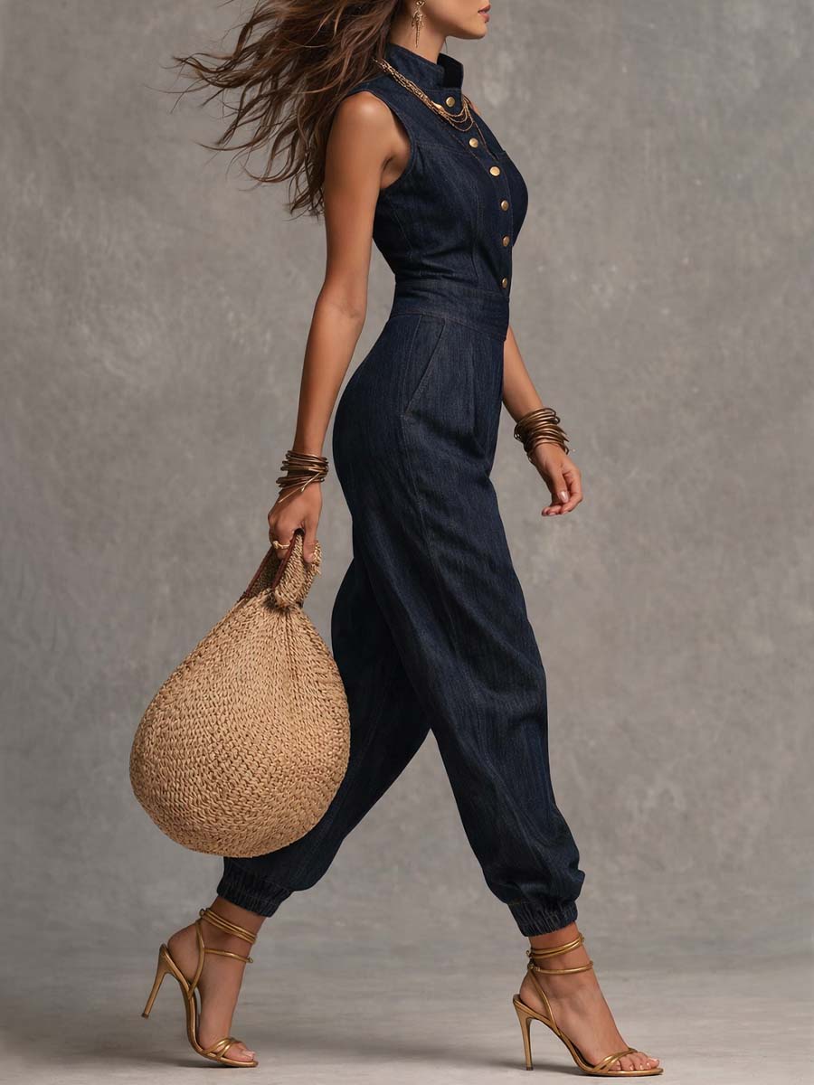 Jumpsuit retrò senza maniche in denim blu scuro – dettaglio 3