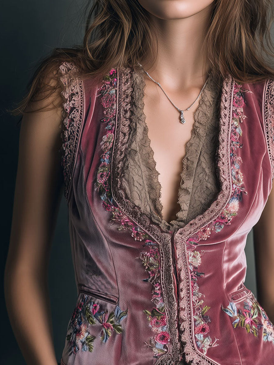 Gilet in velluto rosa antico ricamato – dettaglio 6