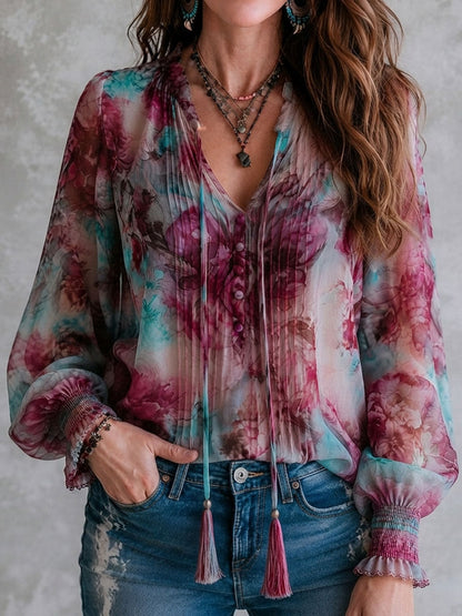 Blusa boho floreale rosa con nappe – dettaglio 4