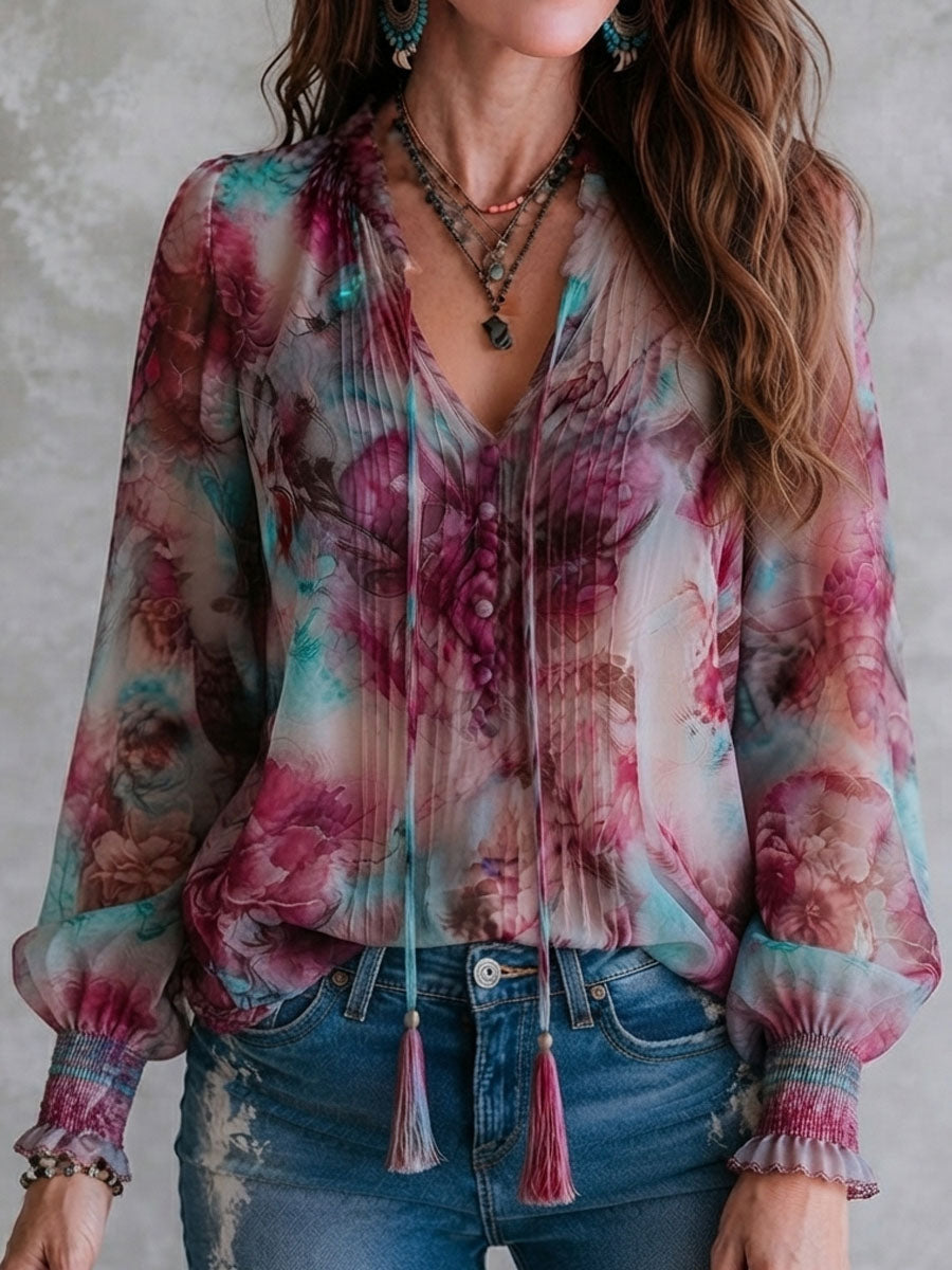 Blusa boho floreale rosa con nappe – dettaglio 5