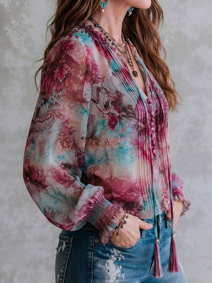 Blusa boho floreale rosa con nappe – dettaglio 6