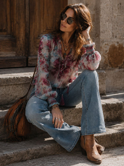 Blusa boho floreale rosa con nappe – dettaglio 3