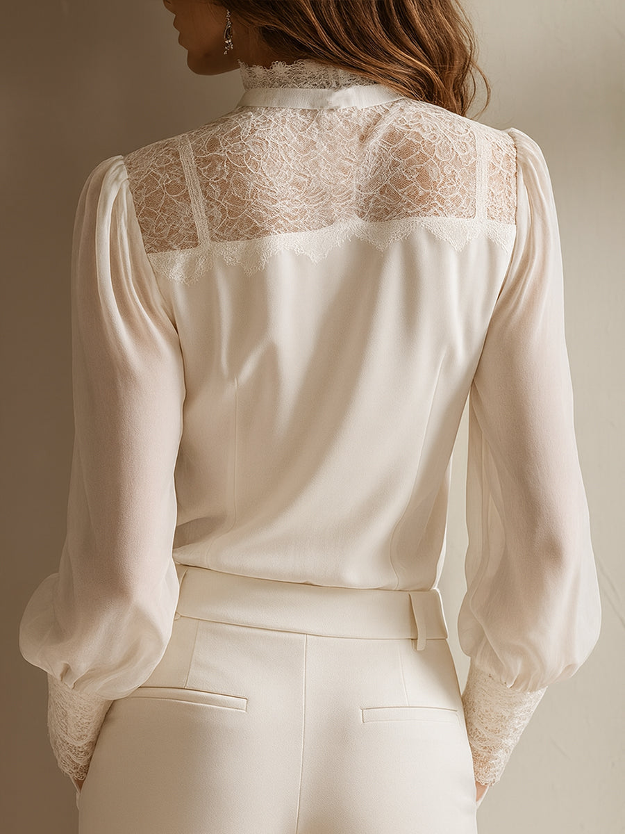Blusa in chiffon con collo alla coreana e pizzo – dettaglio 8