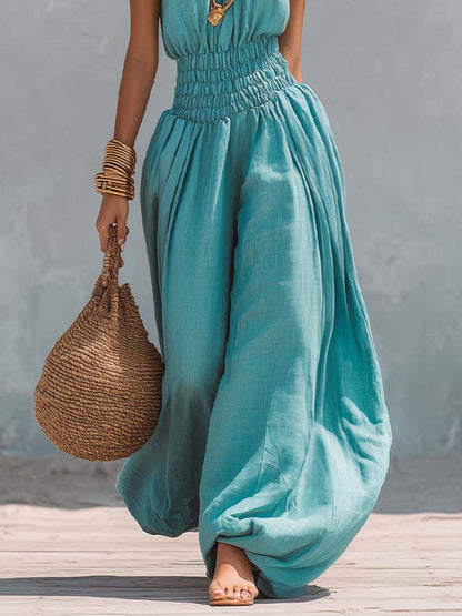 Tuta boho turchese a gamba a palloncino – look completo