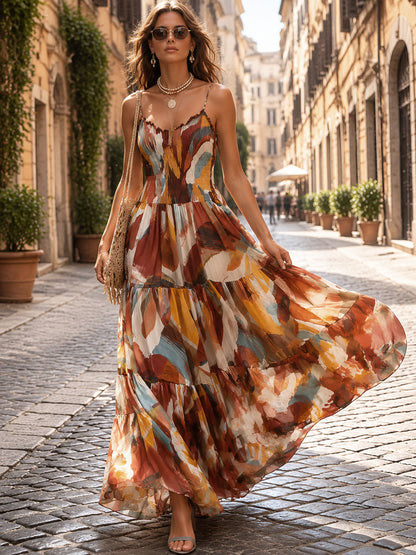 Vestito lungo marrone multicolor – look completo