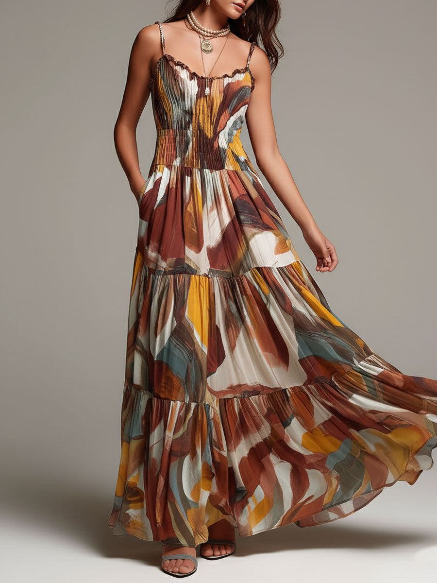 Vestito lungo marrone multicolor – dettaglio del tessuto