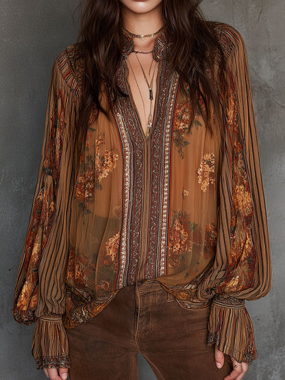 Camicetta boho a fiori marrone – vista frontale
