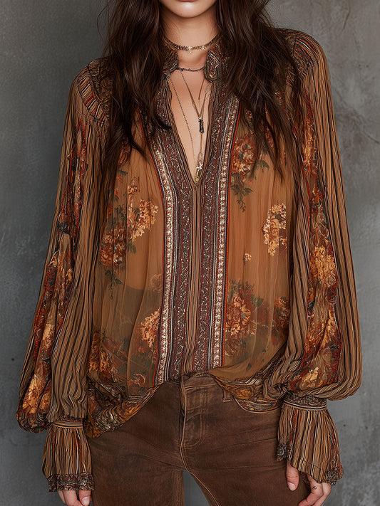 Camicetta boho a fiori marrone – vista frontale