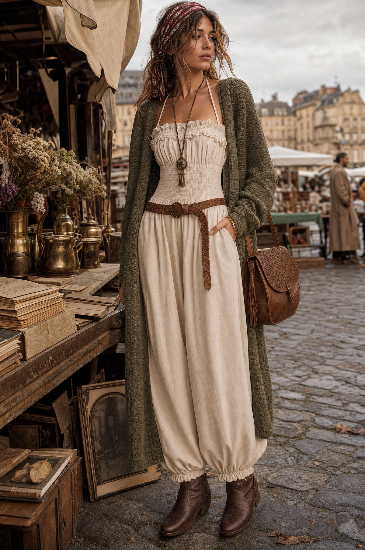 Tuta jumpsuit boho in misto lino con pizzo – dettaglio 8
