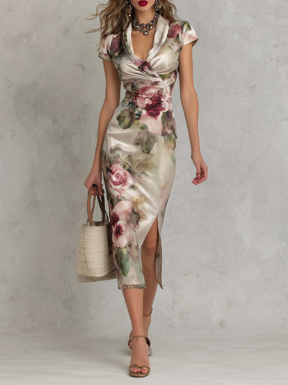 Vestito midi in raso avorio floreale – vista posteriore