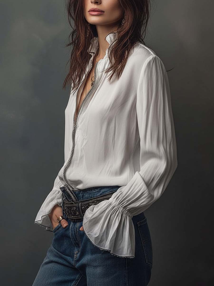 Blusa con zip sul davanti e polsini con volant – dettaglio 4