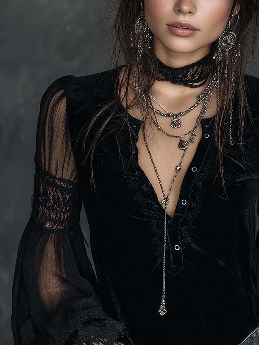 Blusa vintage in velluto nero con pizzo – dettaglio 5
