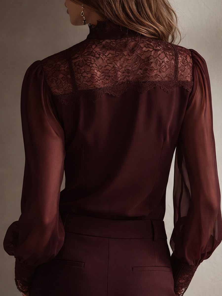 Blusa in chiffon con collo alla coreana e pizzo – dettaglio 3