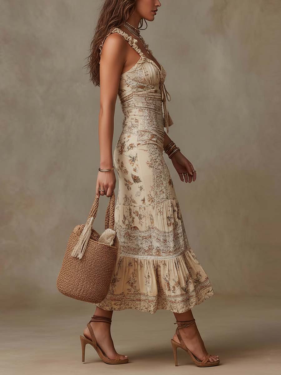 Vestito midi crema boho floreale – vista posteriore