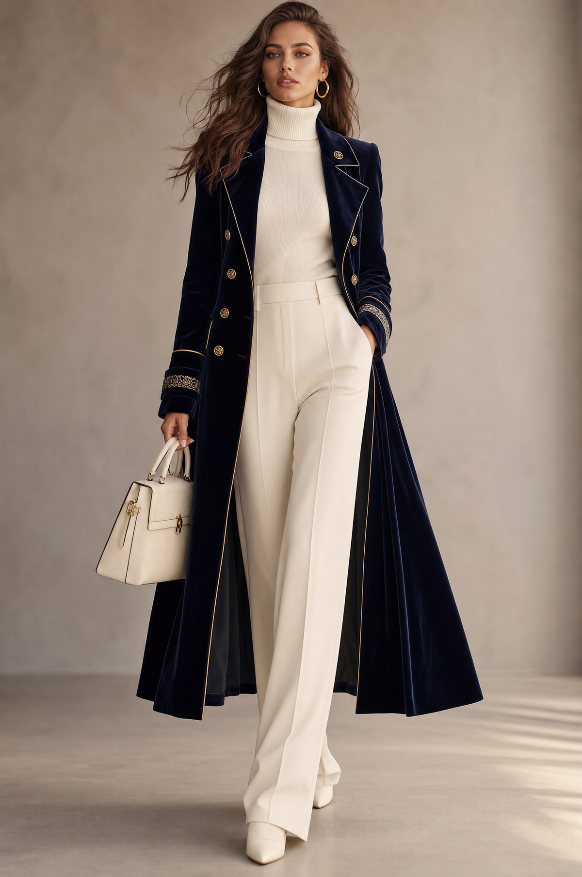 Cappotto lungo in velluto blu navy doppiopetto con profili oro – dettaglio 7