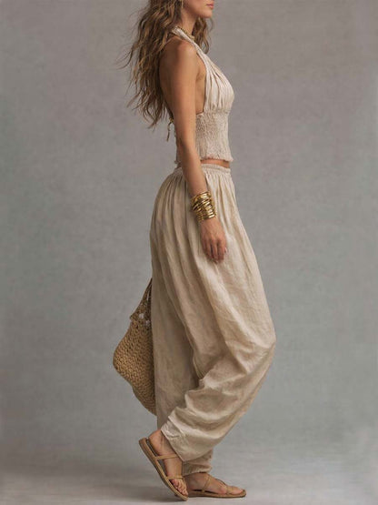 Coordinato boho top halter e pantaloni harem – dettaglio del tessuto