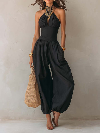 Tuta halter nera con pantaloni a palloncino – vista frontale