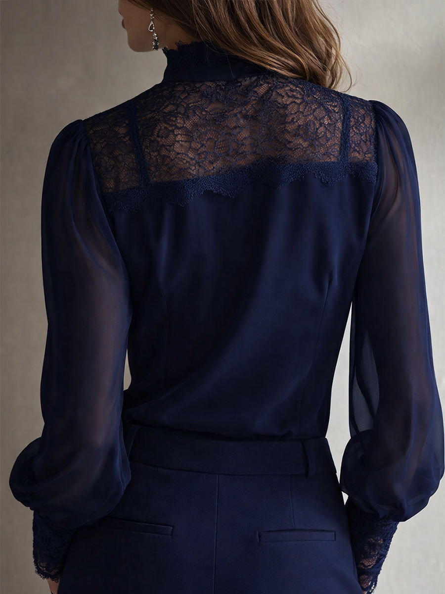 Blusa in chiffon con collo alla coreana e pizzo – dettaglio 9