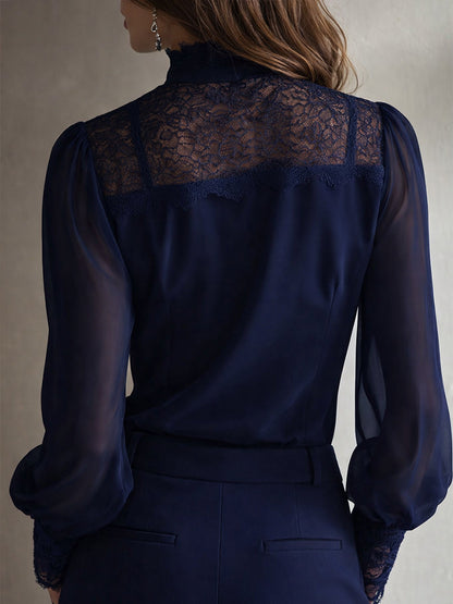 Blusa in chiffon con collo alla coreana e pizzo – dettaglio 9