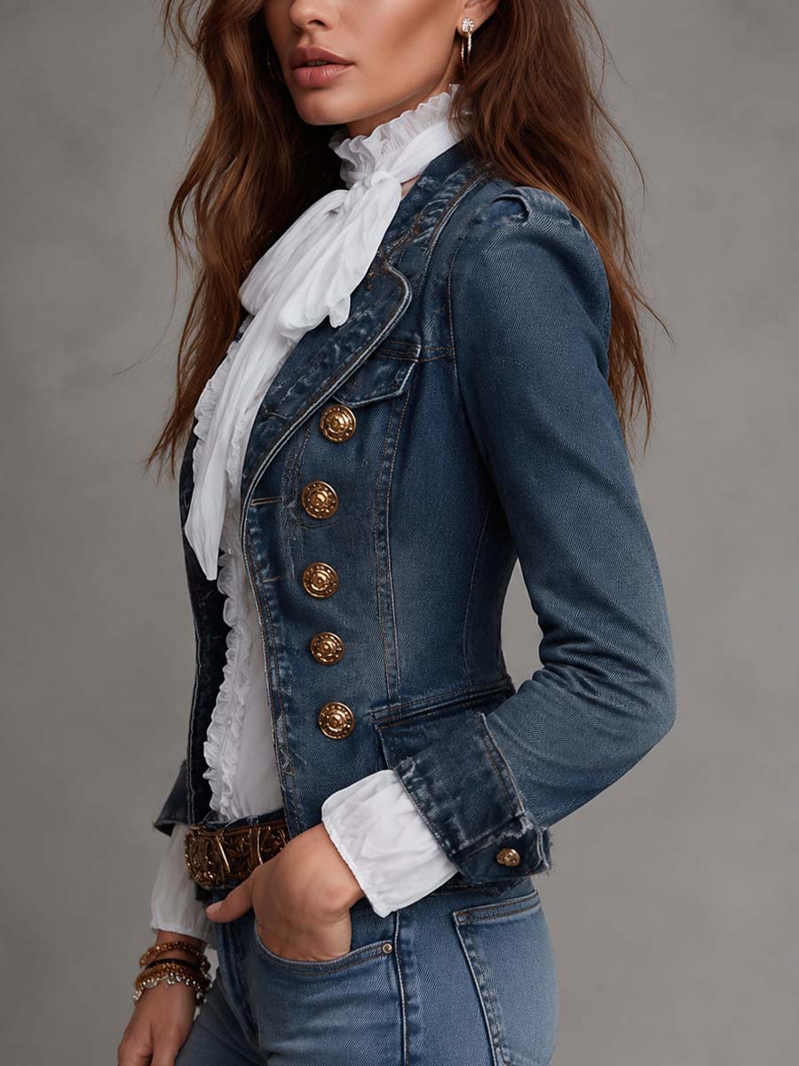 Blazer corto di jeans blu doppiopetto – dettaglio 4