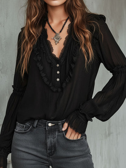 Blusa vintage nera con volant – dettaglio