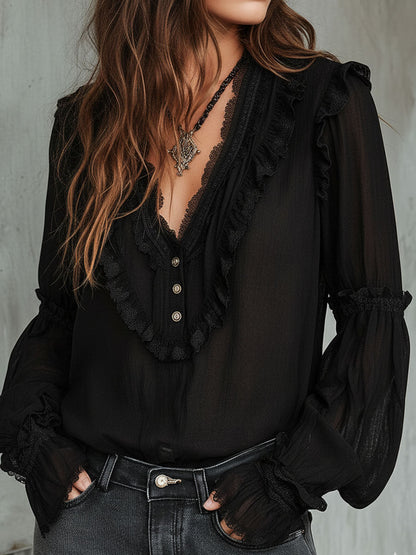 Blusa vintage nera con volant – vista laterale