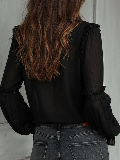 Blusa vintage nera con volant – vista posteriore